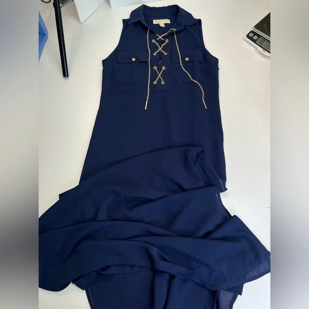 Micheal Kors Navy Sleeveless Maxi Dress With Chain Lace Up Neckline - Picture 5 of 16